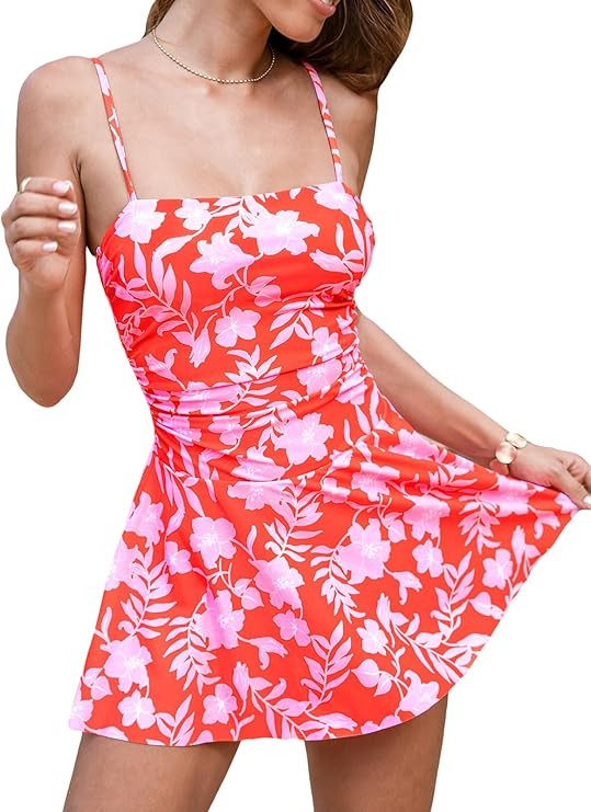 CUPSHE Women's One Piece Swimsuit Swim Dress Square Neck Ruched Spaghetti Adjustable Straps Bathi... | Amazon (US)