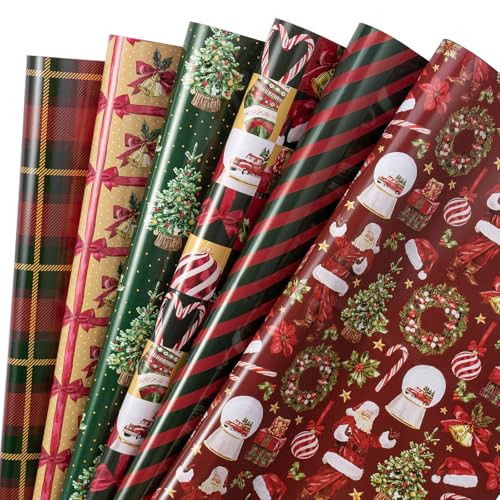 RUSPEPA Christmas Wrapping Paper Sheets, Vintage Santa Claus, Christmas Tree, Gift Boxe, Bow, Plaid and Stripe Design Gift Wrap for Xmas, Holiday, Birthday, 6 Folded Sheets, 19.68 X 27.5 Inch | Amazon (US)