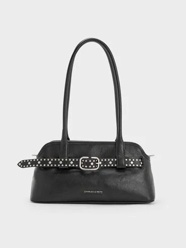 Victoria Studded Belted Elongated Shoulder Bag
    
         - Noir | Charles & Keith UK