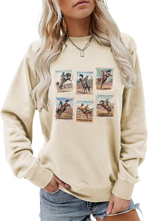Women's Vintage Western Rodeo Bronc Riding Graphic Sweatshirt Retro Cowboy Riding Crewneck Long S... | Amazon (US)