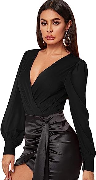 SOLY HUX Women's V Neck Surplice Front Lantern Long Sleeve Bodysuit | Amazon (US)