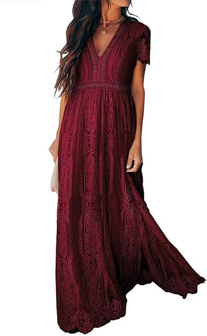 Bdcoco Women's V Neck Floral Lace Wedding Dress Short Sleeve Bridesmaid Evening Party Maxi Dress | Amazon (US)