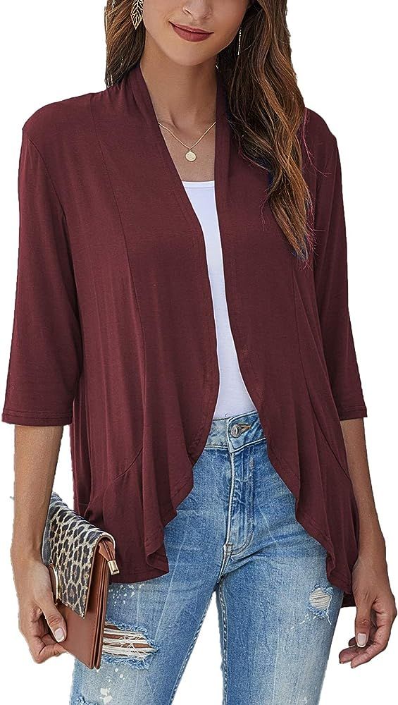 Bluetime Women's Casual Lightweight Open Front Cardigans Soft Draped Ruffles 3/4 Sleeve Cardigan (S- | Amazon (US)