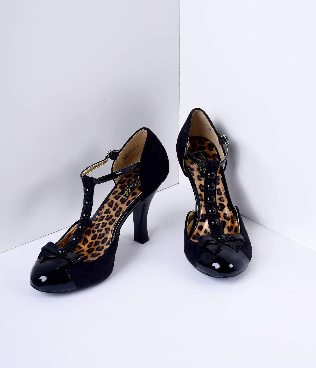 Black Microsuede Button Up T-Strap Heels | Unique Vintage - North America