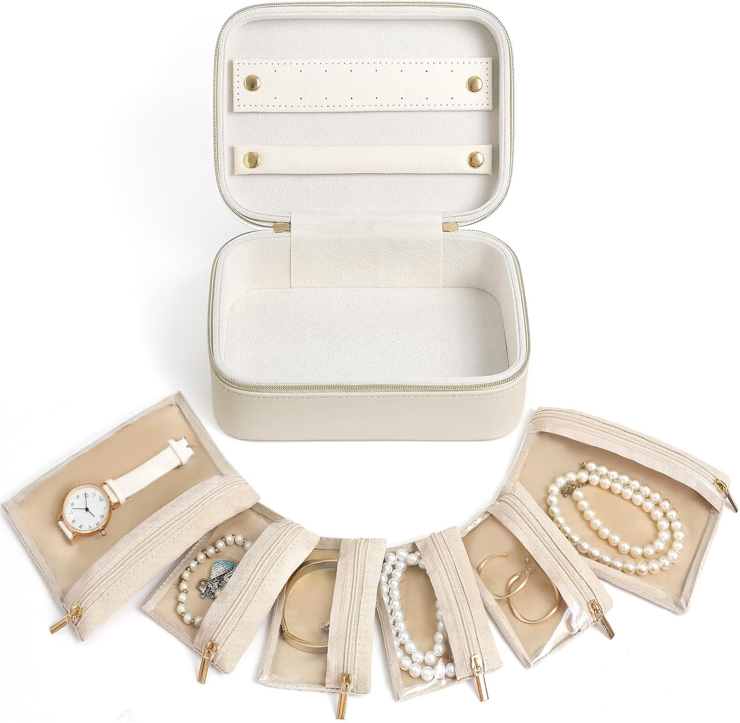 Genuine Leather Travel Jewelry Organizer Case with 6 Zipper Bags for Women, Small Mini Portable Jewelry Box for Ring Earrings Necklace Bracelet Luxury Gift for Women（Cream） | Amazon (US)