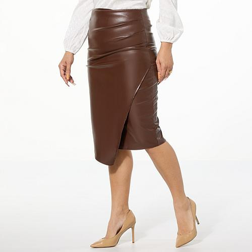 Nina Leonard Faux Leather Pencil Skirt - Brown - Size Medium | HSN