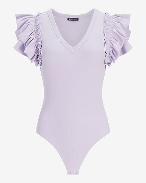 V-Neck Ruffle Sleeve Thong Bodysuit | Express