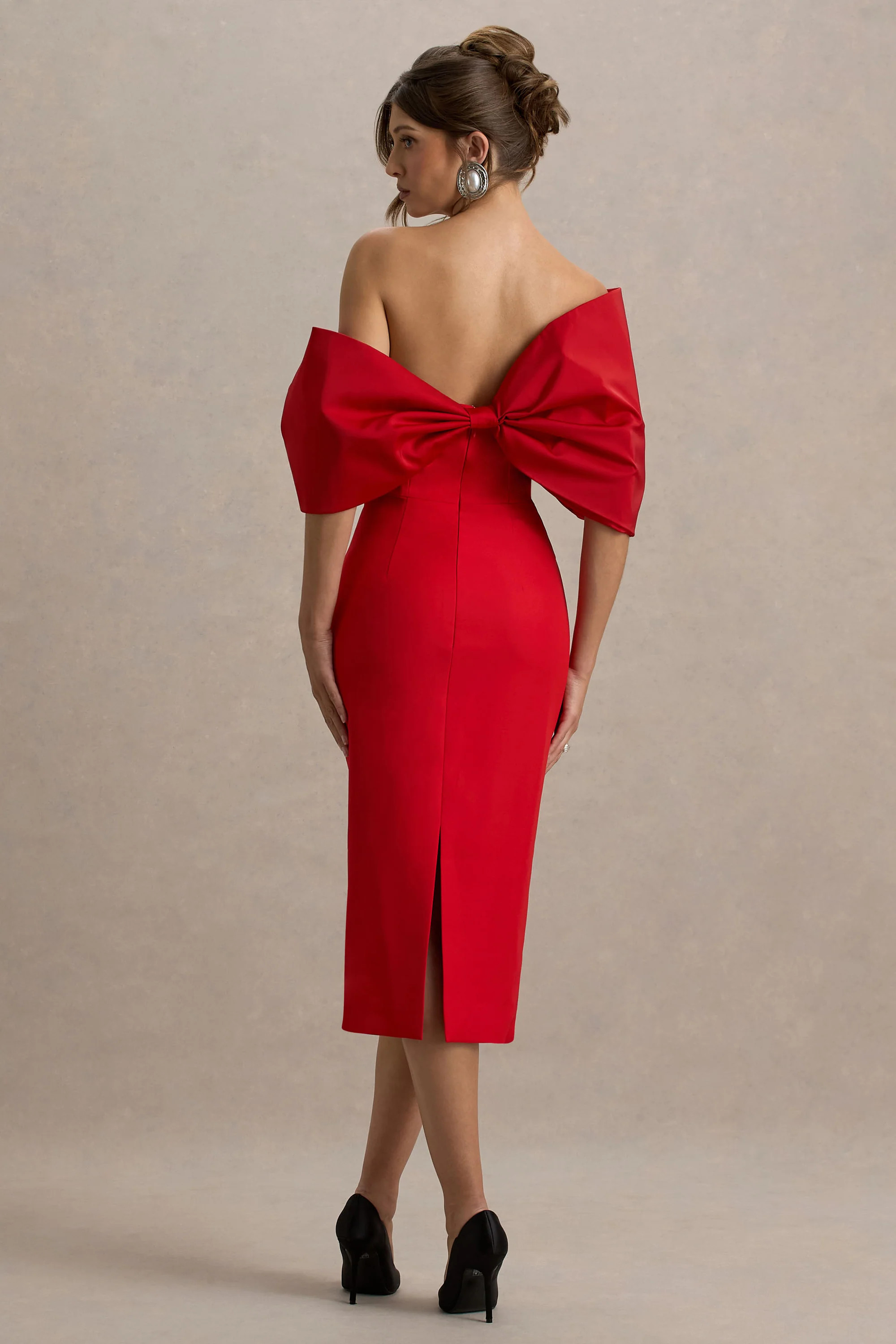Lucille | Red Asymmetric Bardot Midi Dress With Bow Detail | Club L London