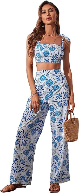 WDIRARA Women's 2 Piece Set Floral Print Knot Shoulder Zip Back Crop Cami Top with Pants Set | Amazon (US)