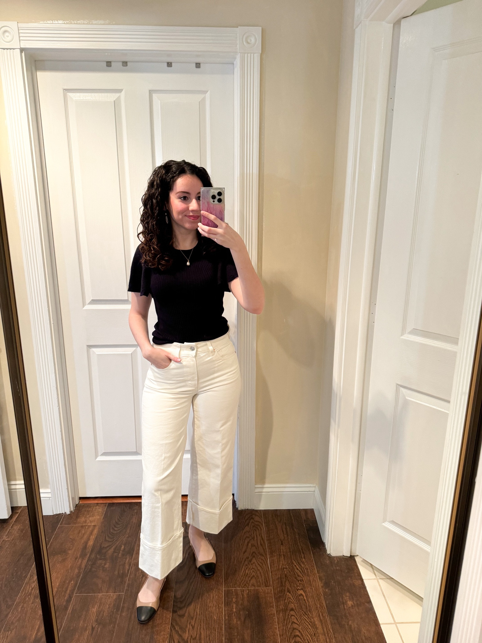 Casual Friday. White wide leg pants. White denim. Casual workwear. Cap toe flats. Chanel dupe. Neutral workwear. Workwear  

#LTKSaleAlert #LTKStyleTip #LTKWorkwear