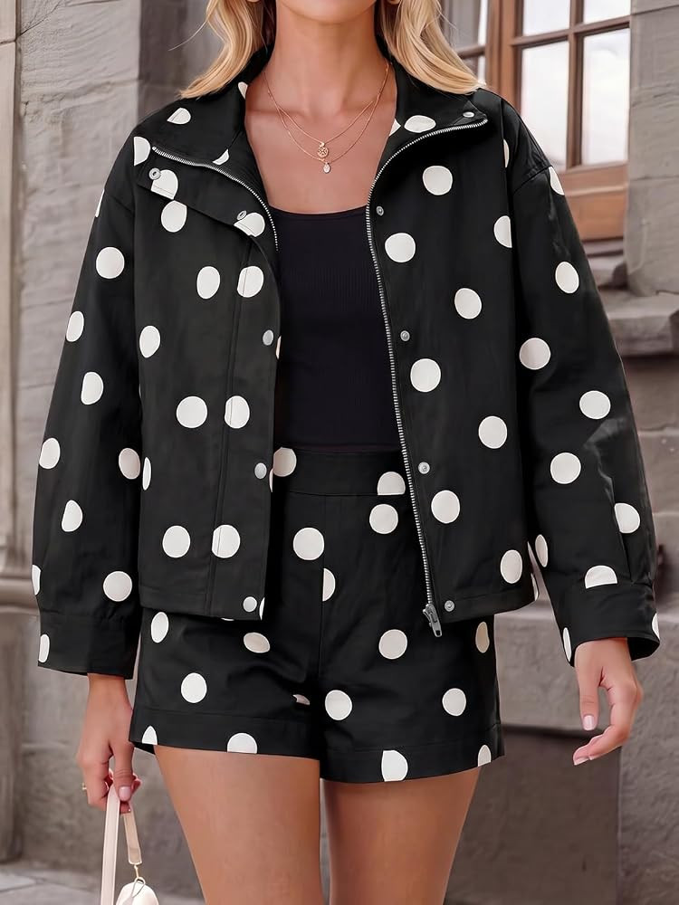 Tankaneo Womens 2 Piece Outfit Polka Dot Shorts Matching Set Cropped Jacket | Amazon (US)