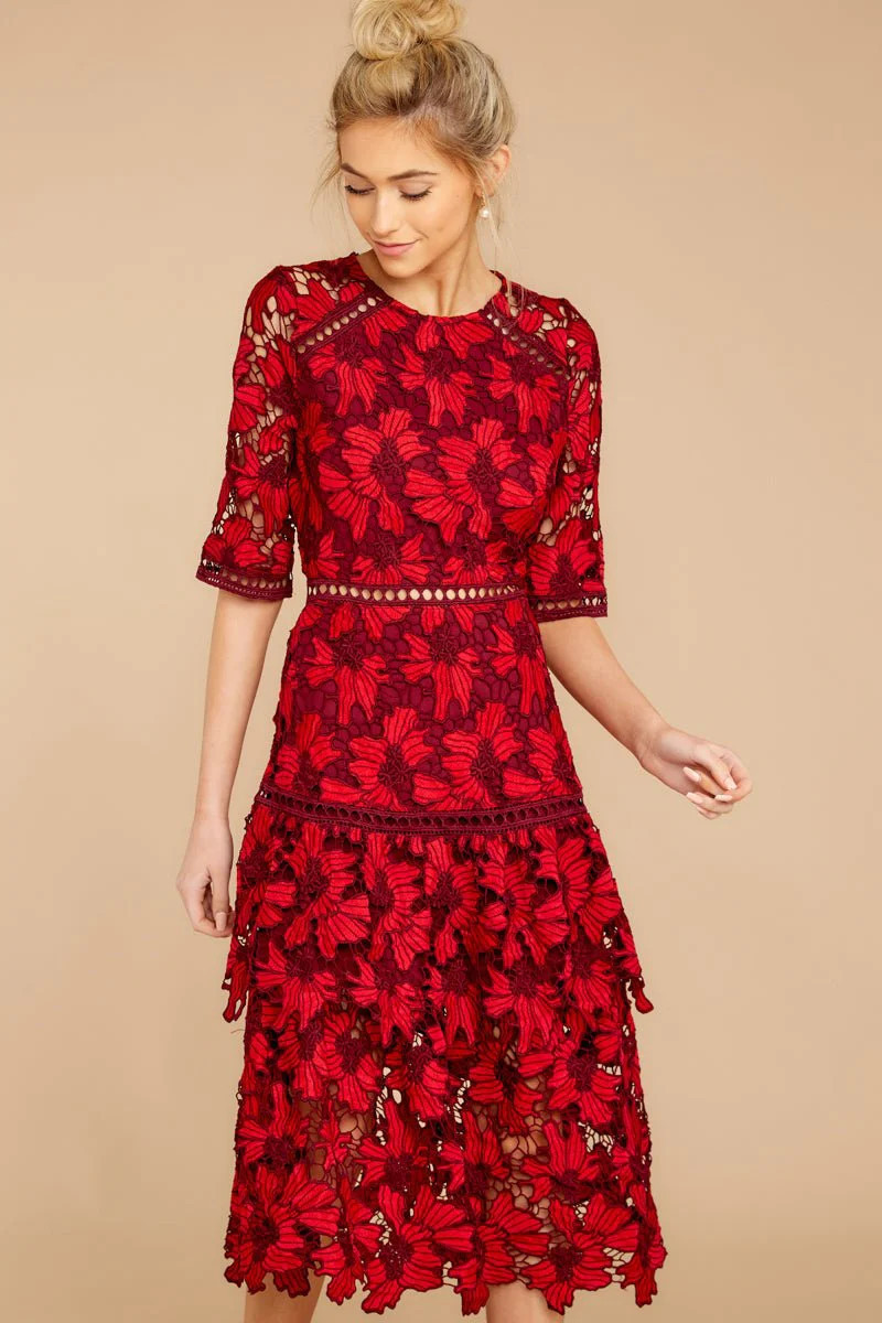 Get To The Point Red Lace Midi Dress | Red Dress 