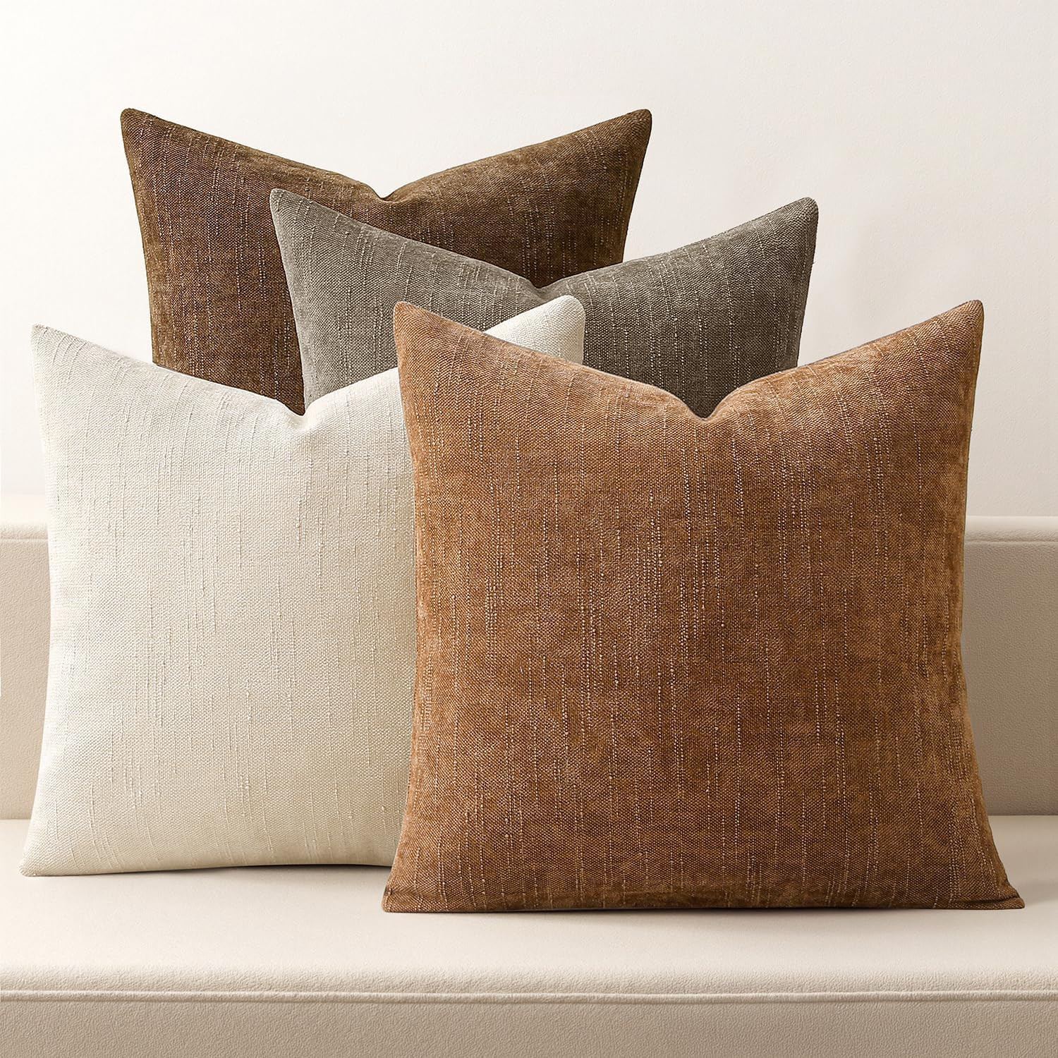 MIULEE Pack of 4 Fall Decorative Throw Pillow Covers 18x18 Inch Chenille Textured Throw Pillows Boho Farmhouse Cushion Covers Vintage Home Decor for Couch Sofa Bed Living Room，Beige Taupe Brown | Amazon (US)