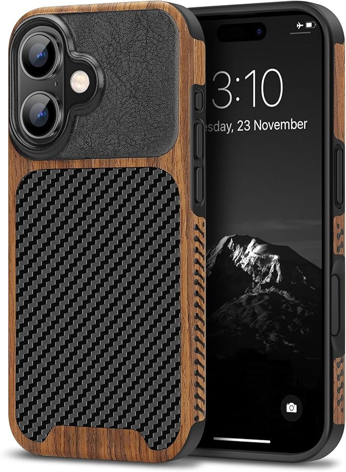 TENDLIN Compatible with iPhone 16 Phone Case Wood Grain with Carbon Fiber Texture Design Leather ... | Amazon (US)