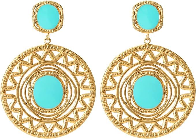 14K Gold Plated Earrings Geometric Circle CZ Statement Bohemia Drop Dangle Earrings for Women | Amazon (US)