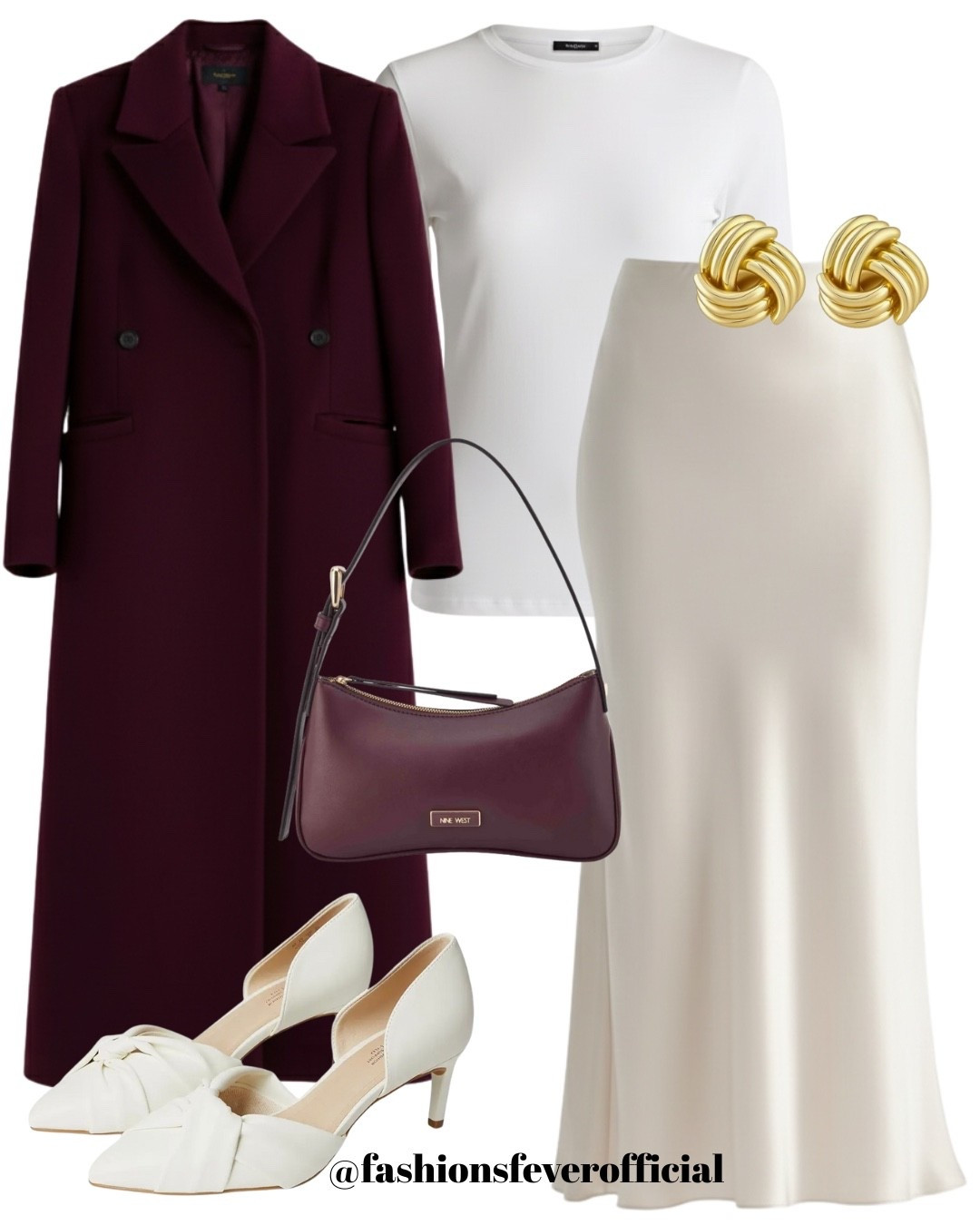 Effortless elegance with a modern edge!
This chic neutral-and-burgundy combo is perfect for fall-to-winter outings. A silky ivory slip skirt paired with a classic white tee creates a clean base, layered with a rich burgundy tailored coat for instant polish. Finished with ivory bow heels, a matching burgundy shoulder bag, and statement gold knot earrings—this look is minimal, timeless, and elevated. Ideal for dinners, events, or classy everyday wear.

#LTKFashion

#LTKootd #LTKSeasonal