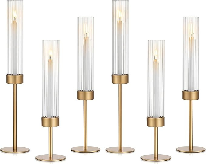 Glasseam Tapered Gold Candlestick Holders: 6 Pcs Tall Brass Taper Candle Holder with Ribbed Glass... | Amazon (US)