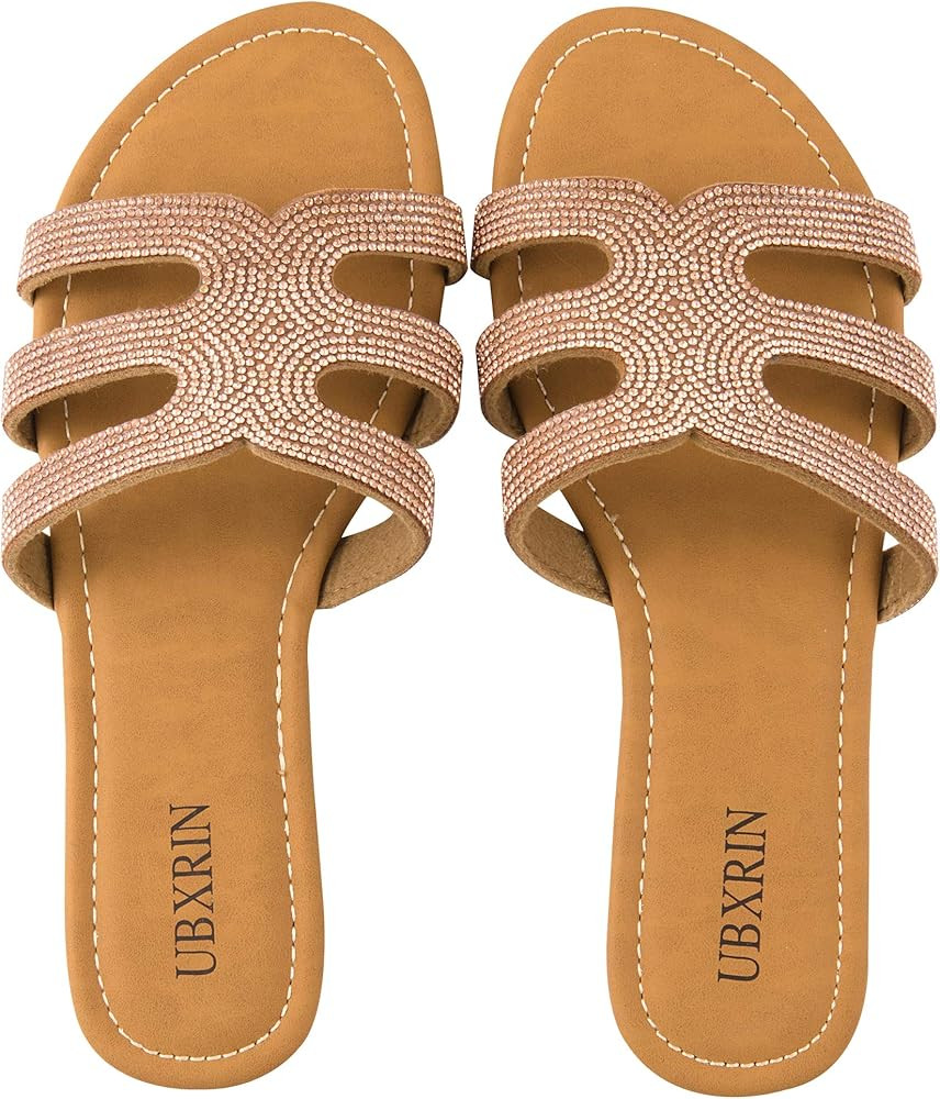 UBXRIN Women's Slide Flat Sandals with Rhinestones Open Toe for Summer | Amazon (US)