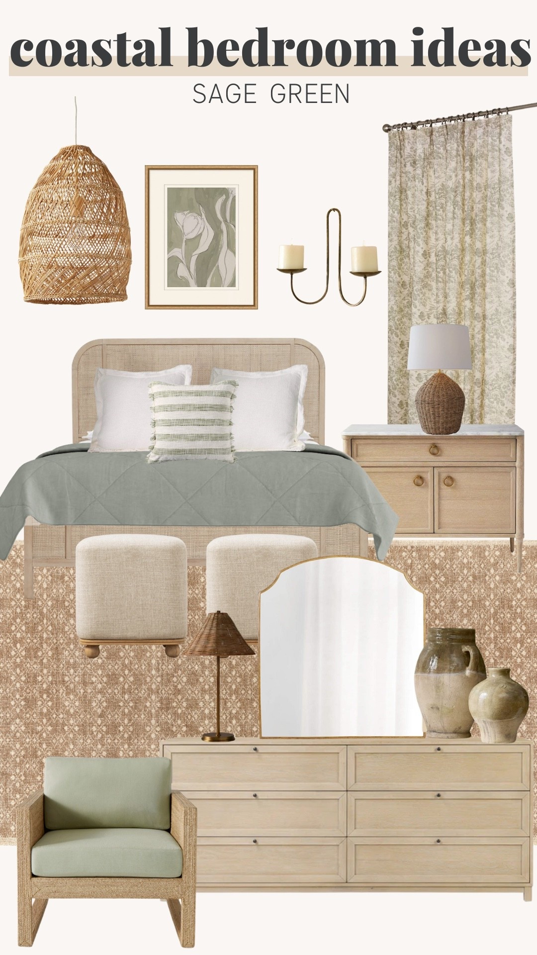 Coastal bedroom ideas sage green, rug, nightstand, throw pillows, wall art, ceiling lighting, wall sconces, bench, mirror, vase 

#LTKU #LTKHome #LTKStyleTip