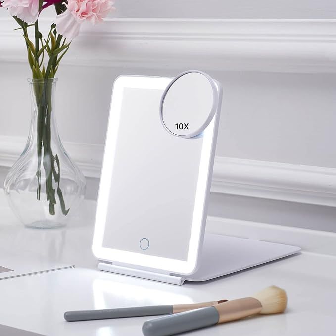 LED Foldable Travel Makeup Mirror - 5x7 inches 3 Colors Light Modes USB Rechargeable Touch Screen... | Amazon (US)