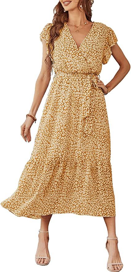 PRETTYGARDEN Women's Floral Summer Dress Wrap V Neck Short Sleeve Belted Ruffle Hem A-Line Bohemi... | Amazon (US)