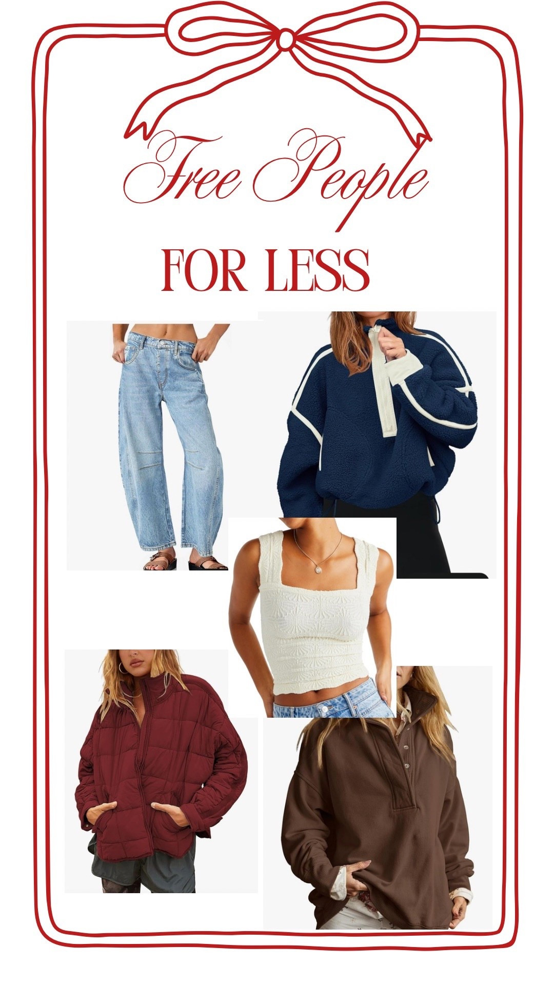 Great winter outfits for less, get them as a gift for your favorite girl or yourself! ❄️
- jeans
-jackets
-pullovers 
-tank top

Follow for more lux inspired collections!
#freepeople #doop #winter #warm #cozy 

#LTKGiftGuide #LTKSeasonal #LTKFindsUnder100