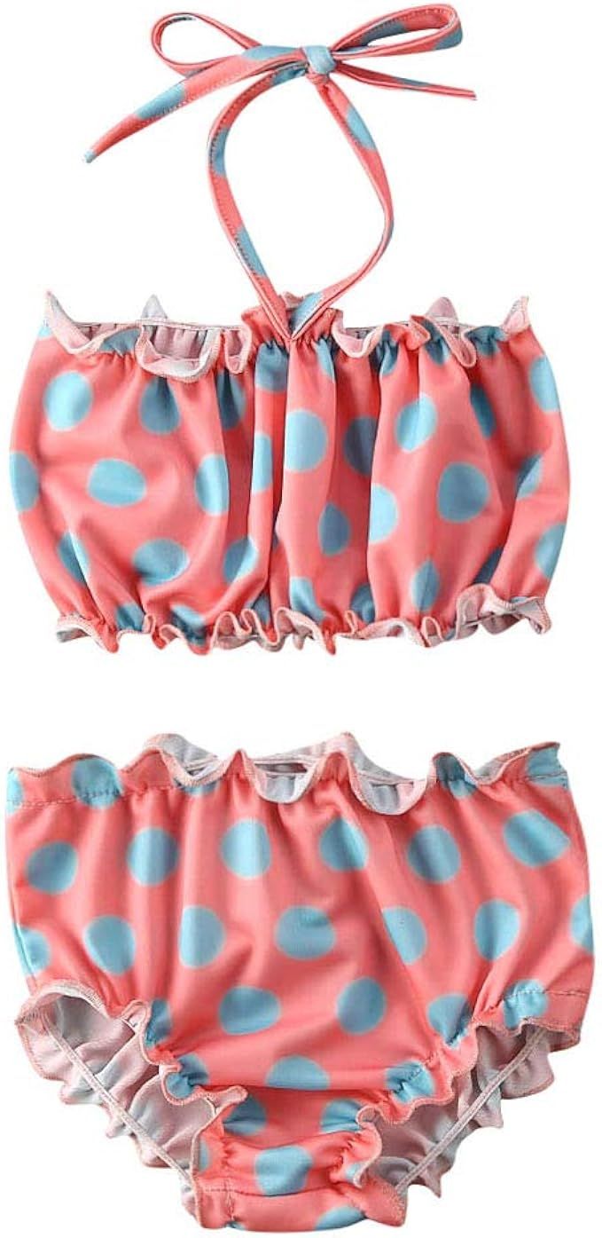 Toddler Baby Girl 2-Piece Swimsuit Halter Bikini Ruffled Dot Print Top and Bottom Beach Swimwear ... | Amazon (US)
