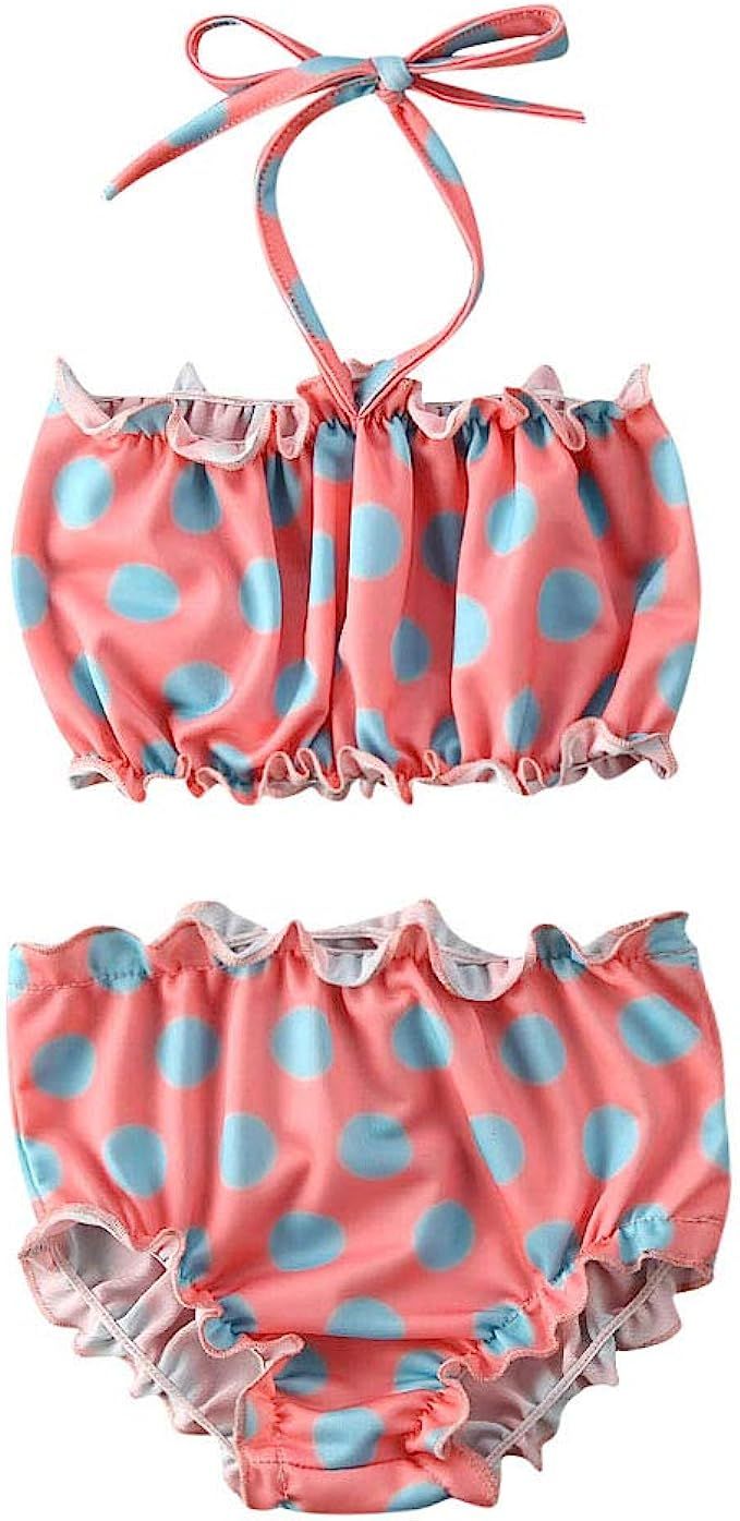 Toddler Baby Girl 2-Piece Swimsuit Halter Bikini Ruffled Dot Print Top and Bottom Beach Swimwear ... | Amazon (US)