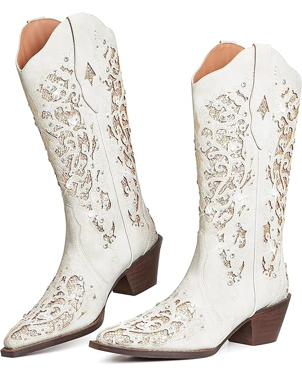 SaraIris Cowboy Boots for Women Cowgirl Boots Western Boots Chunky Heel Pointed Toe Pull On Rhine... | Amazon (US)