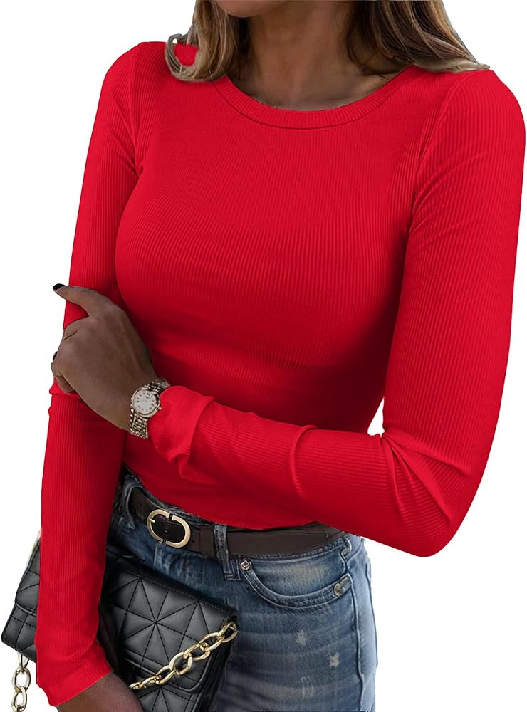 Zeagoo Womens Long Sleeve Stretch Crewneck Ribbed T-Shirt Slim Fit Casual Basic Tops S-XXL | Amazon (US)