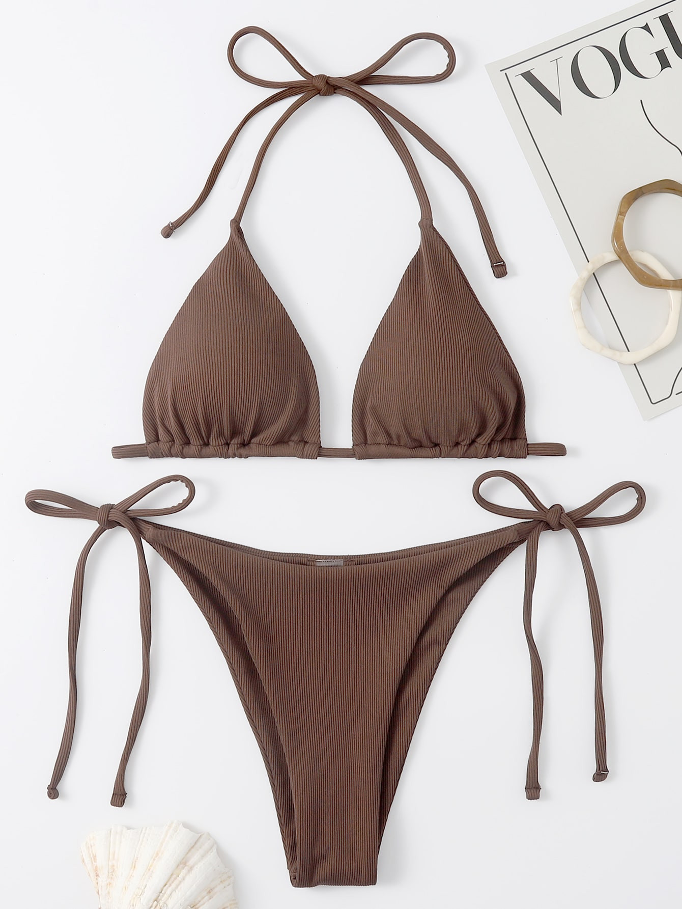 SHEIN Swim Basics Rib Halter Triangle Tie Side Bikini Swimsuit | SHEIN