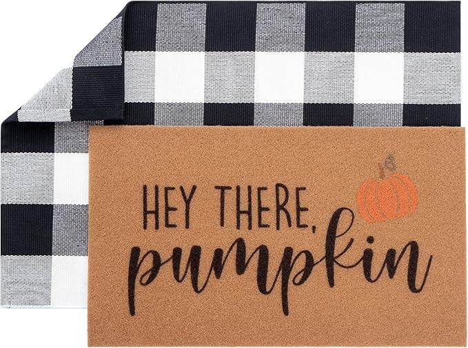 2 Pcs Hello Pumpkin Door Mat Fall Welcome Doormat Layered Buffalo Plaid Rug for Entryway Front Ou... | Amazon (US)