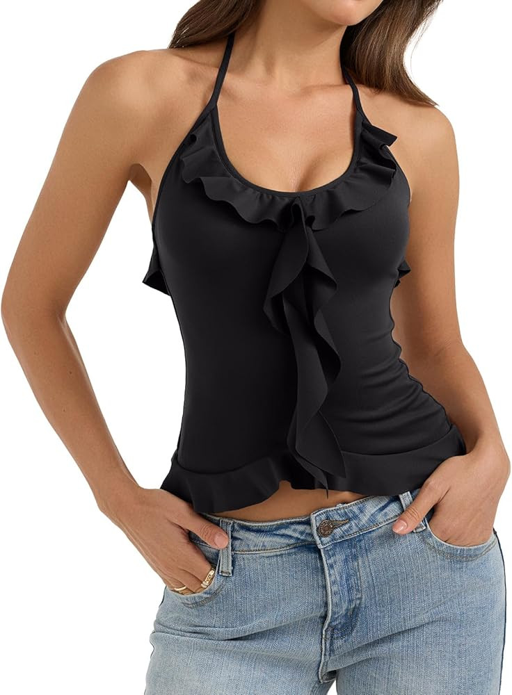 REORIA Women’s Halter Neck Ruffle Top Sleeveless Slim Fit Tank Top 2026 Summer Y2K Top | Amazon (US)