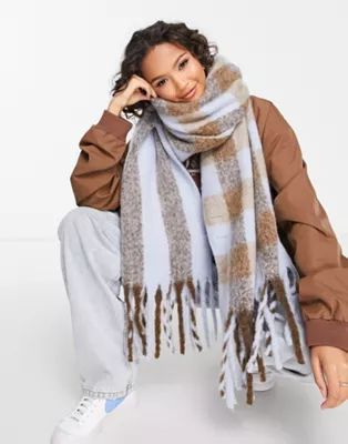 Pieces tassle scarf in baby blue & brown check | ASOS (Global)