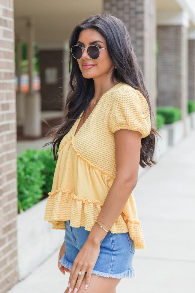 Rays Of Hope Yellow Waffle and Gauze Babydoll Top | Pink Lily
