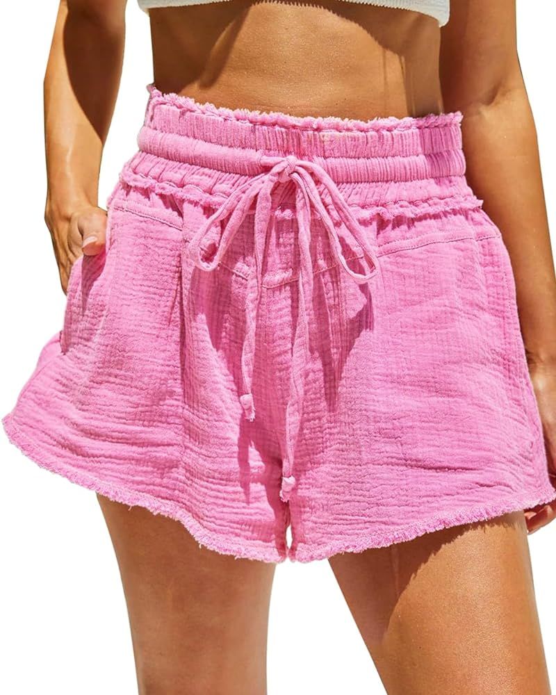 Paintcolors Women's Shorts Summer Casual High Elastic Waist Cotton Drawstring Pleated Ruffle Flow... | Amazon (US)