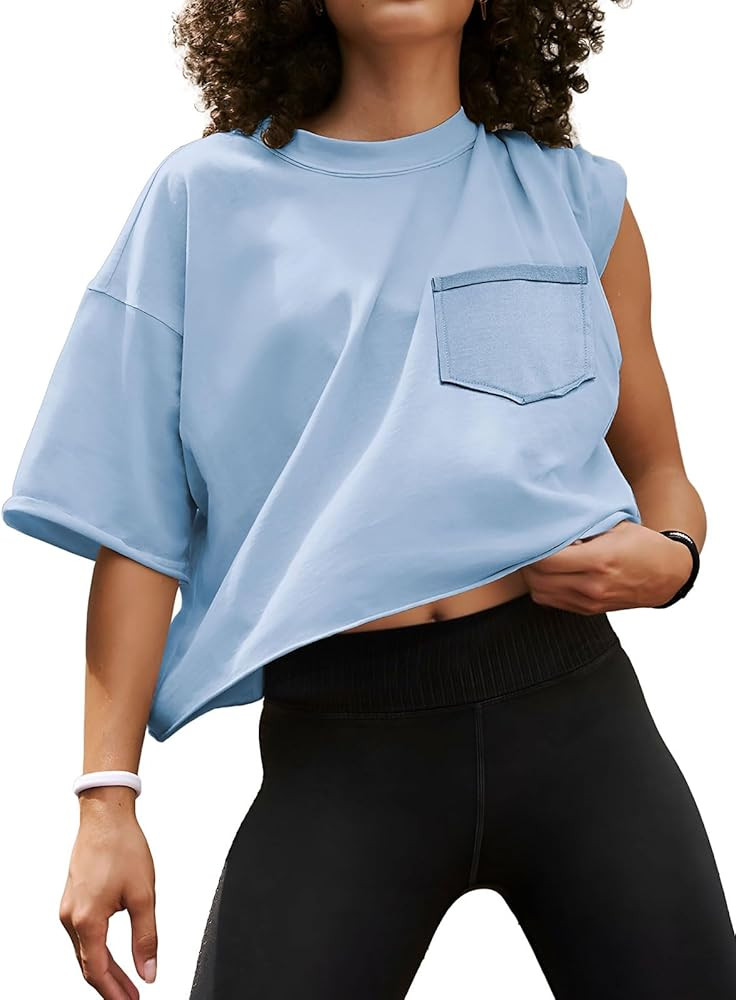 ATHMILE Womens Crop Tops Spring Summer Oversized T-Shirts Short Sleeve Workout Casual Drop Should... | Amazon (US)
