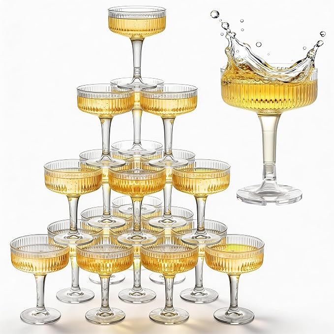 24-Piece Champagne Tower 7oz Shatter-Resistant Coupe Glasses | Polystyrene, BPA-Free, Vertical St... | Amazon (US)
