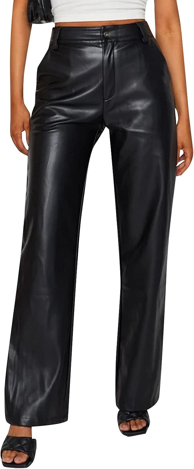 Pantalones de piel sintética para mujer, color sólido, cintura alta, pierna recta, pantalones v... | Amazon (US)