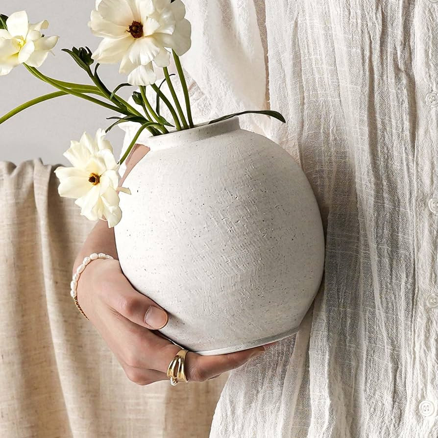 Small White Ceramic Vase - 6.3 Inch Rustic Farmhouse Flower Vase for Home Decor, Minimalist Vases... | Amazon (US)
