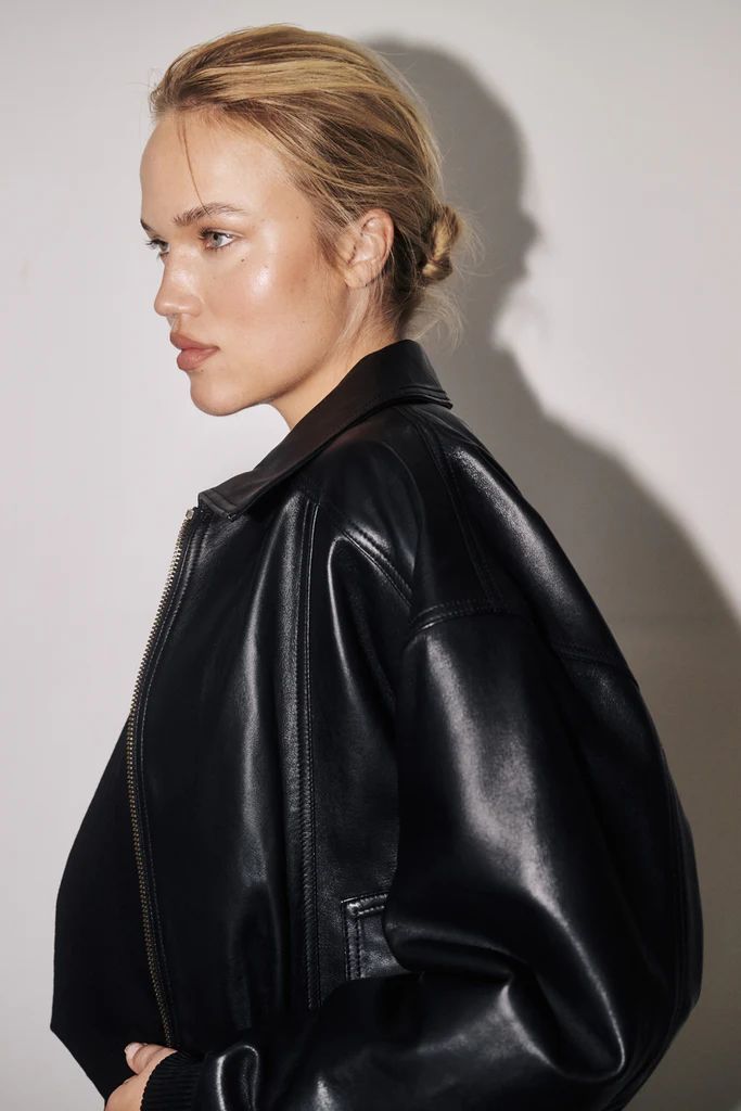 HUTTON BLACK LEATHER BOMBER JACKET | DISSH