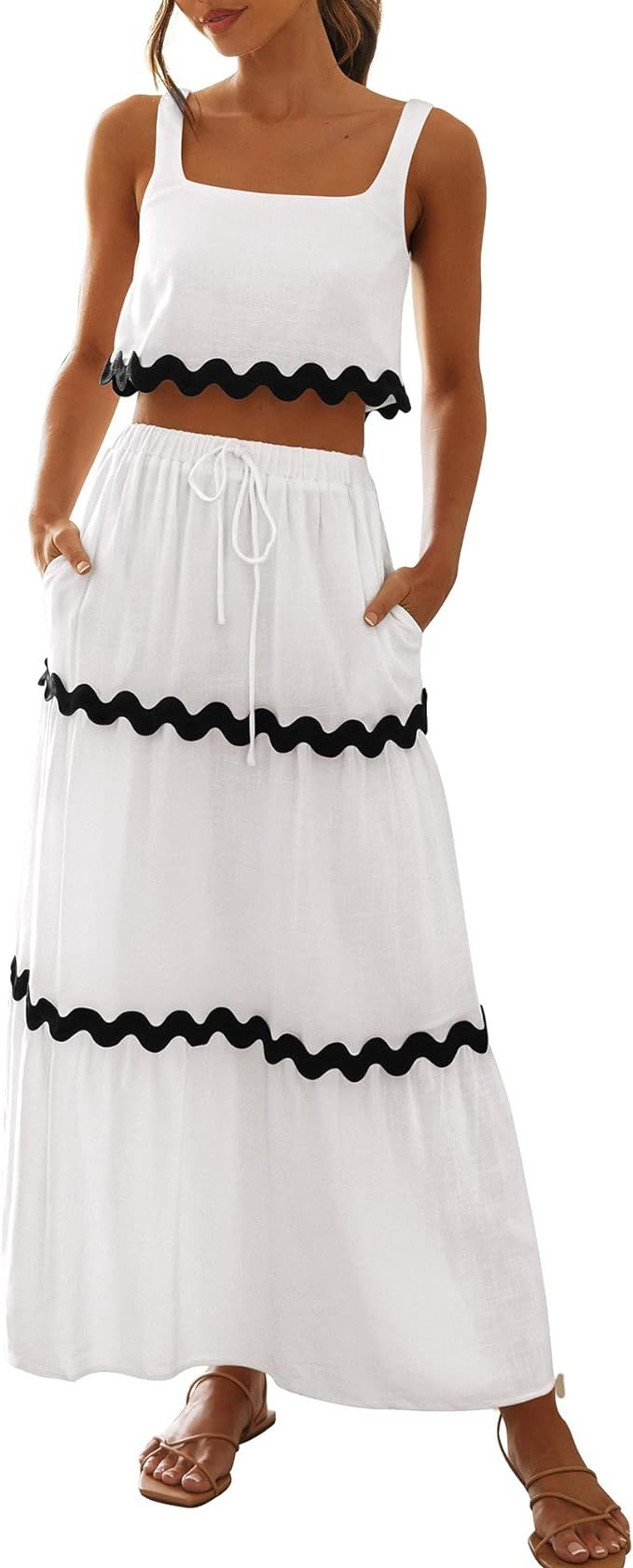 BTFBM Women Summer 2 Piece Beach Vacation Outfits Casual Sleeveless Crop Tops High Waisted Maxi S... | Amazon (US)