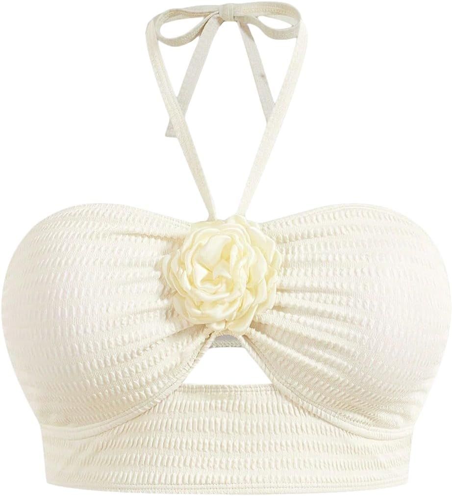 BEAUDRM Women's Plus Size 3D Flower Y2K Cut Out Halter Tie Bikini Backless 2 Piece Swimsuit Bathi... | Amazon (US)
