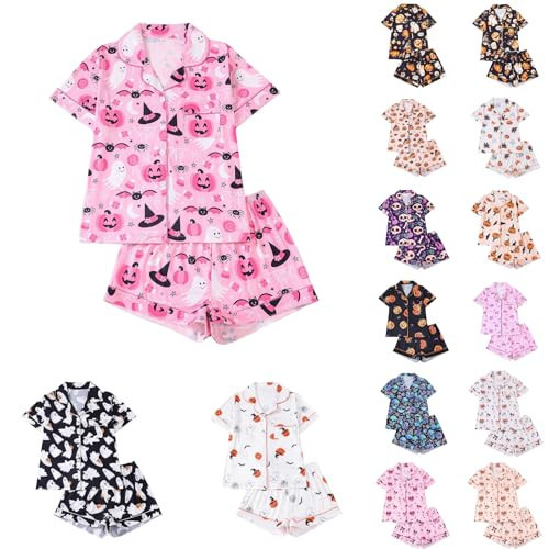 Halloween Pajama Sets for Women 2 Piece Ghost Pumpkin Print Shirts and Shorts Button Down Short Sleeve Sleepwear Halloween Pjs Women Shorts Sets Outfits A01Pink,XXL | Amazon (US)