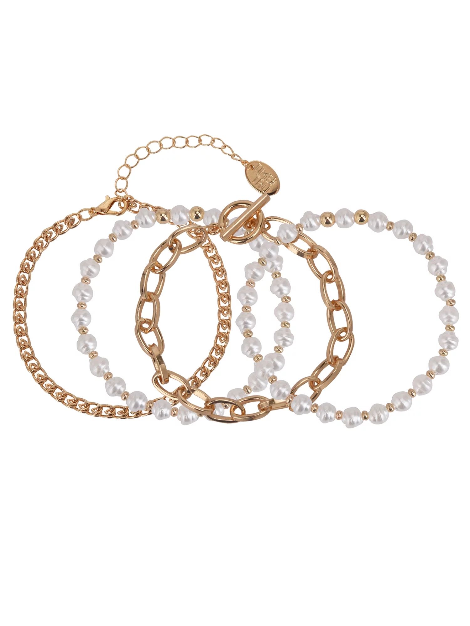 Time and Tru Women's Gold Tone and Faux Pearl Bracelet Set, 4-Piece | Walmart (US)