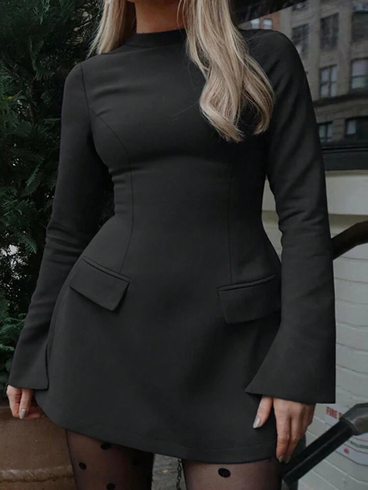 Plus Size Women Elegant Long Sleeve Fitted Solid Color Mini Dress, Autumn | SHEIN