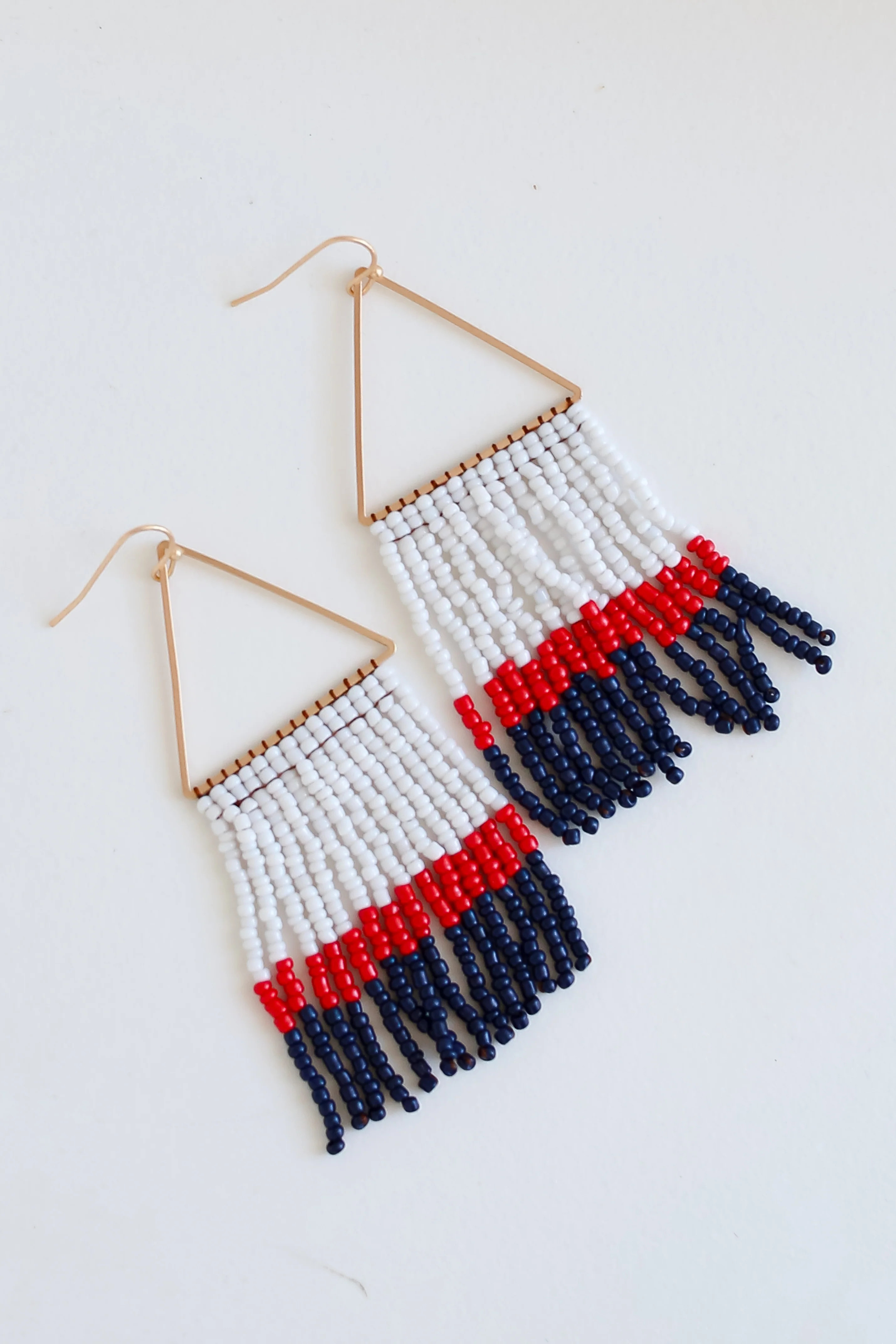 White + Navy Beaded Fringe Earrings | Dress Up