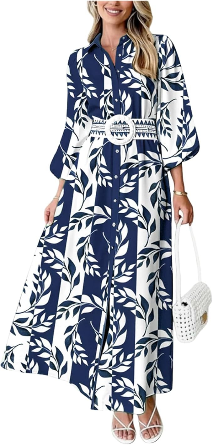 Floral Dress for Women 2026 Summer Boho Maxi Dresses Casual Long Sleeve Button Down Tie Waist Shi... | Amazon (US)