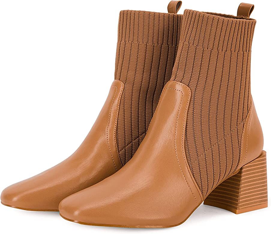 Womens Chelsea Boot Square Toe Stacked Chunky Heel Slip On High Top Elastic Block Heel Dress Sock Bo | Amazon (US)