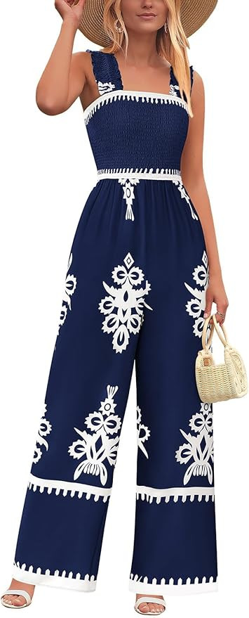 PRETTYGARDEN Womens Jumpsuit Casual One Piece Boho Summer Outfits Shirred Strap Wide Leg Long Pan... | Amazon (US)